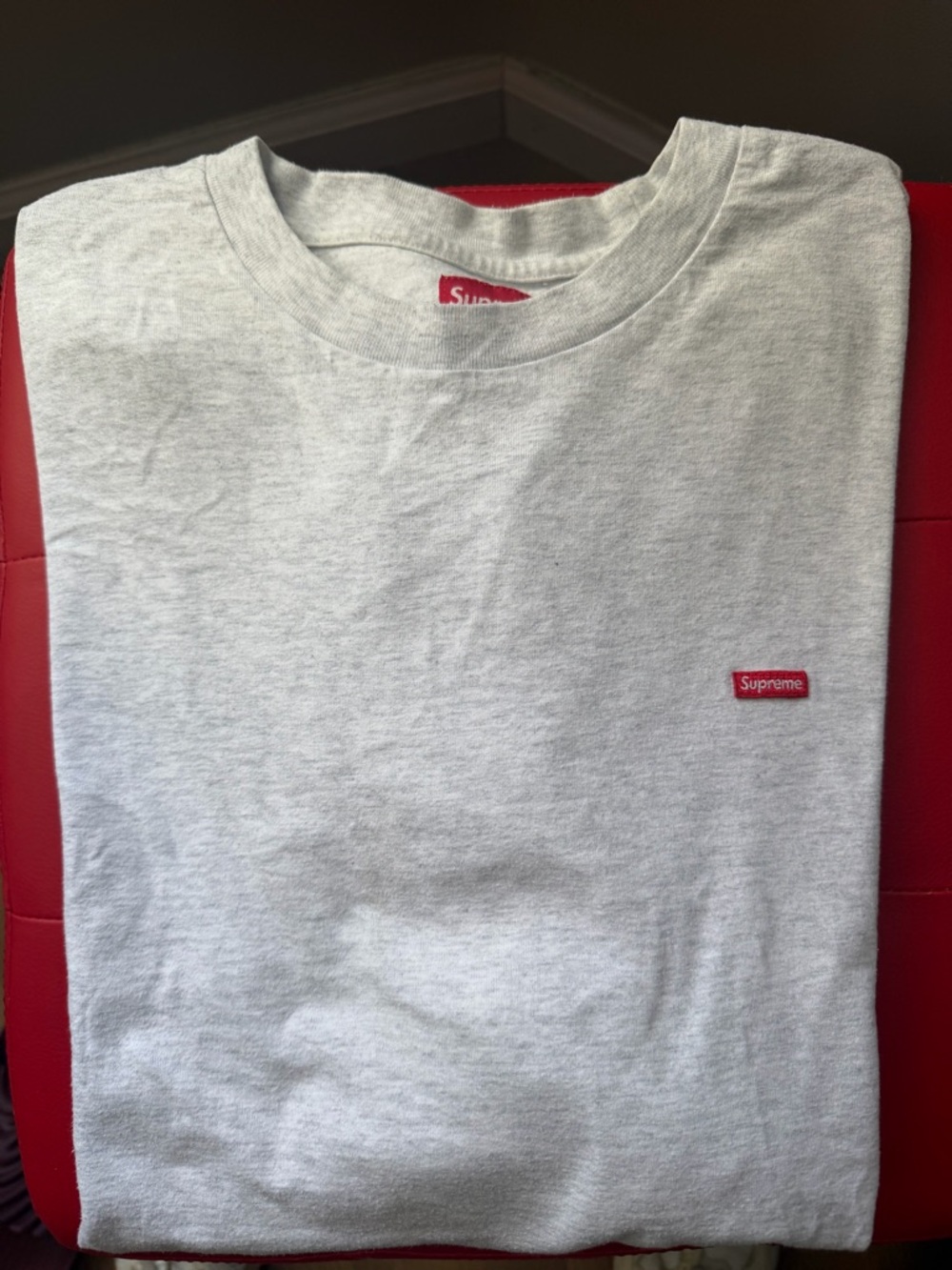 Supreme Heather Gray Tee with Small Red Logo Patch